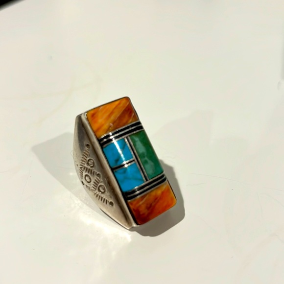 Vintage Navajo Turquoise/onyx/Spiny Oyster shell inlay ring! - Picture 3 of 4